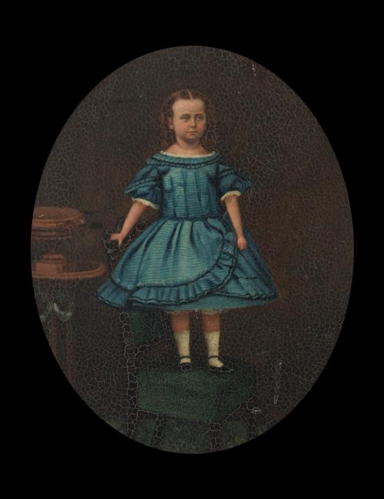 Victorian School Portrait of a girl standing upon a chair, oval, 15.5 x 12.5in.
